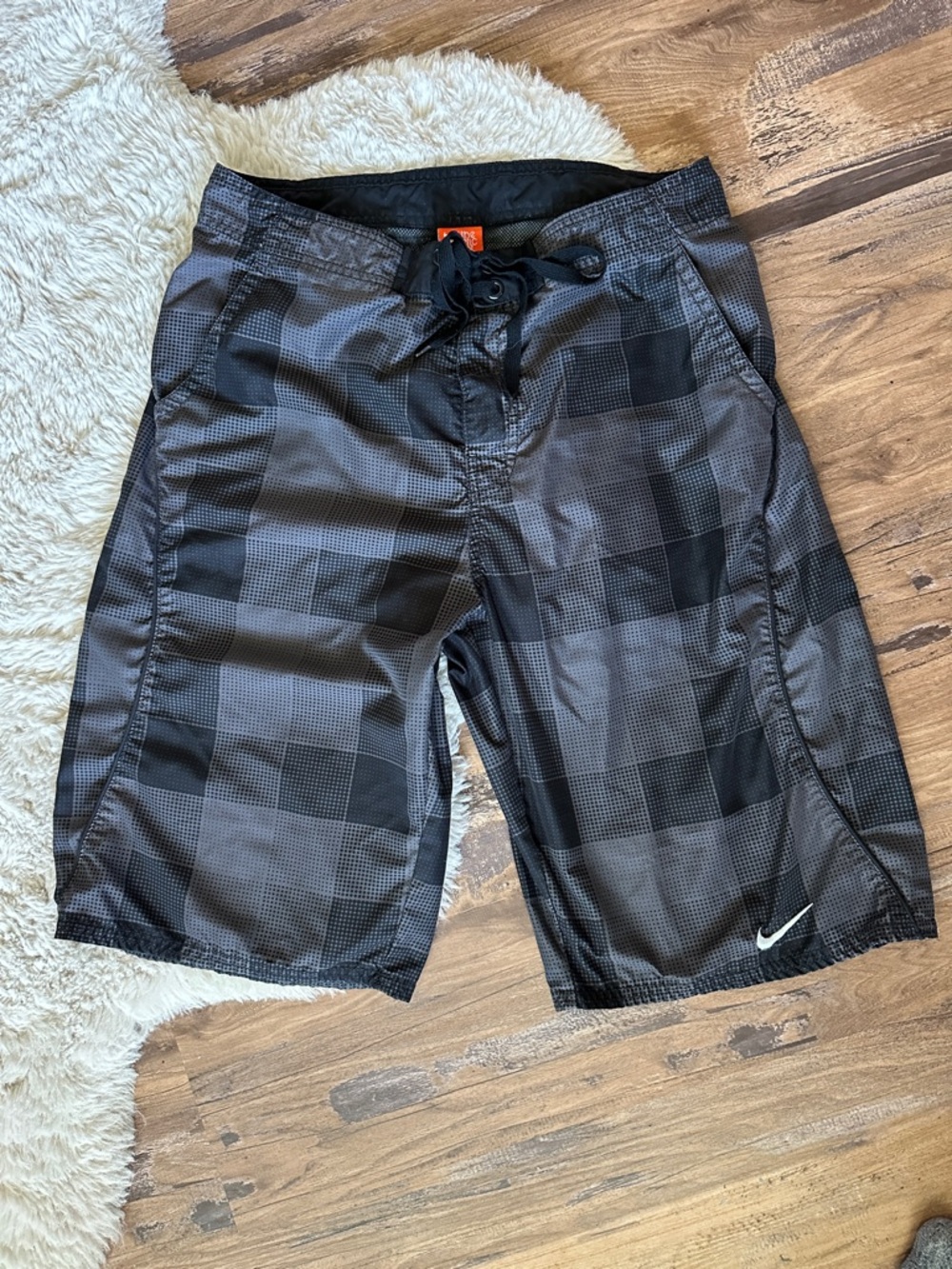 Nike Men’s Black and Gray Plaid Swim Board Shorts